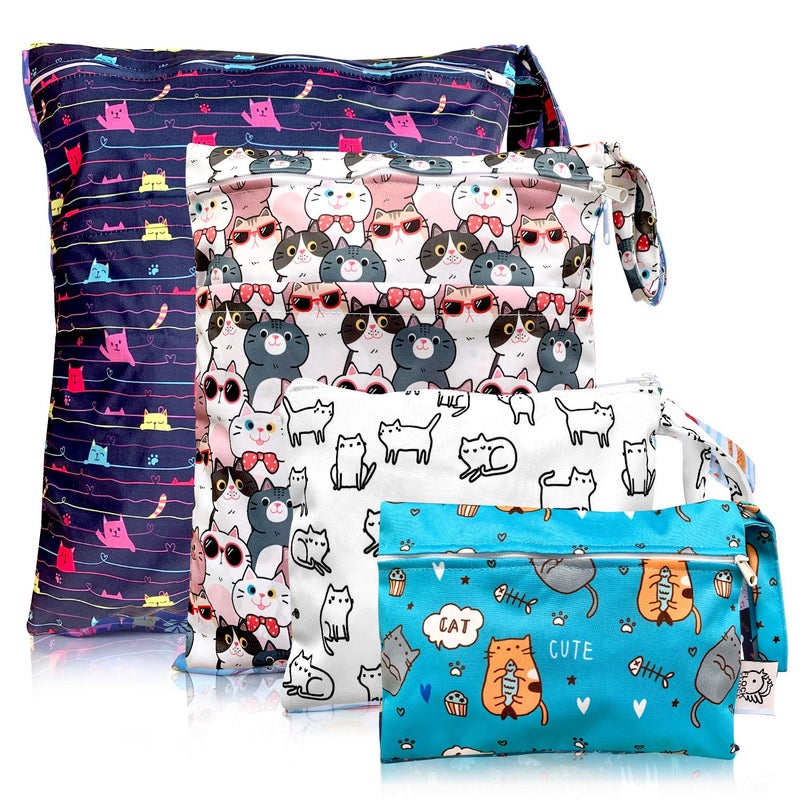 FLOCK THREE 4pcs Waterproof and Reusable Wet Bag Diaper Stroller Water Resistant Swimsuit Travel Toiletries Yoga Gym Washable Carrier Small Medium Large Cat 4 Pack - Image 1